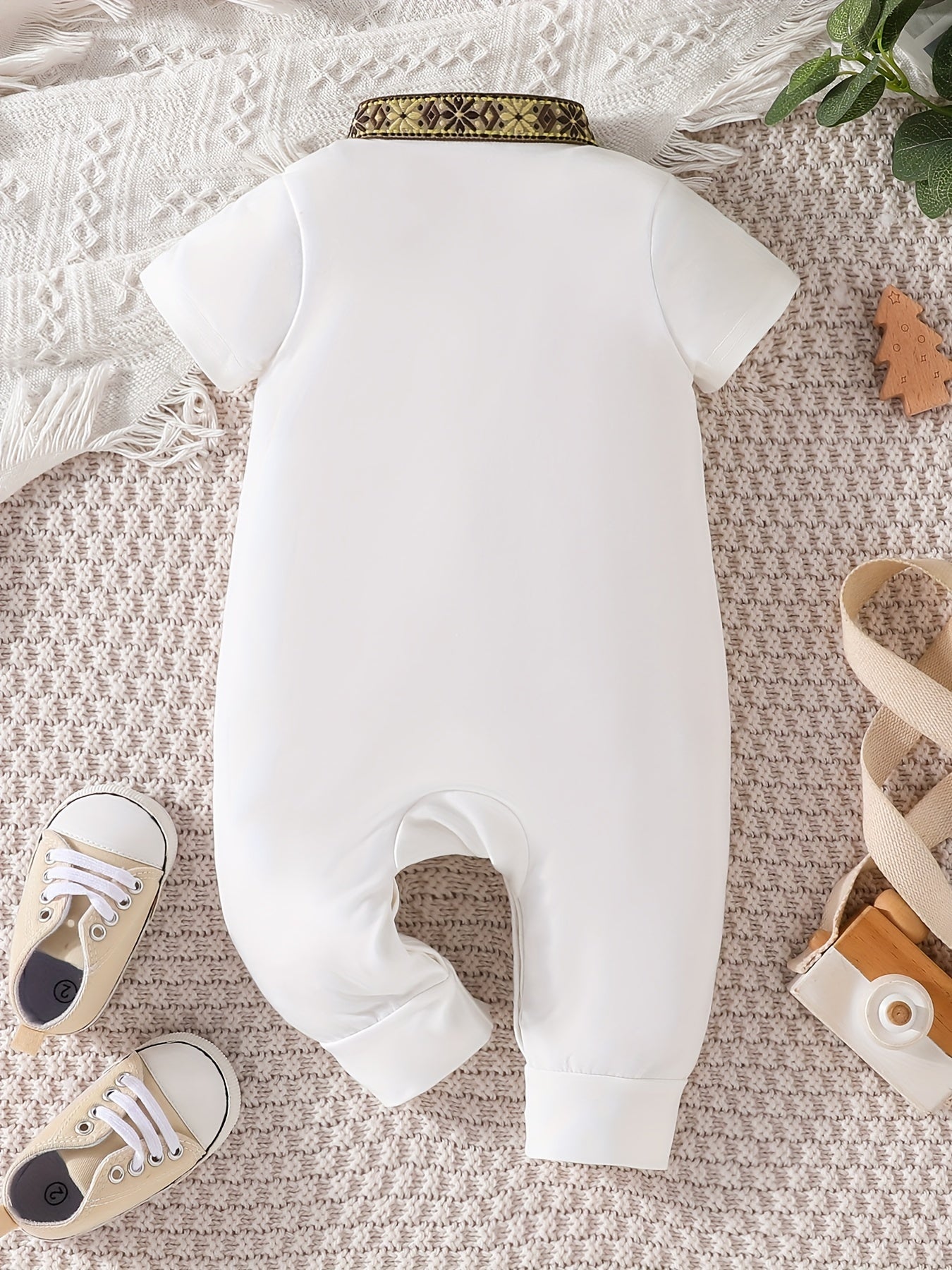 Eid Al-Adha Eid Al-Adha Baby Boy's Short Sleeve Casual Jumpsuit, Lapel Button Up Classic Floral Printed Bodysuit, Eid Al-Adha