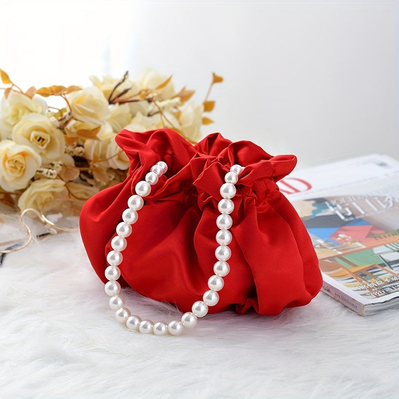 Cute Mini Drawstring Pearl Bucket Clutch - Elegant Women's Classic Banquet Handbag & Purse with Decorative Pearl Accents, Soft Fabric, and Adjustable Strap