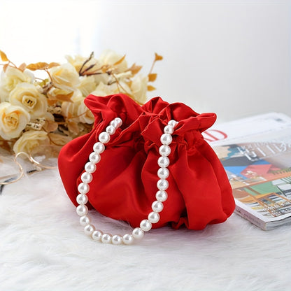 Cute Mini Drawstring Pearl Bucket Clutch - Elegant Women's Classic Banquet Handbag & Purse with Decorative Pearl Accents, Soft Fabric, and Adjustable Strap