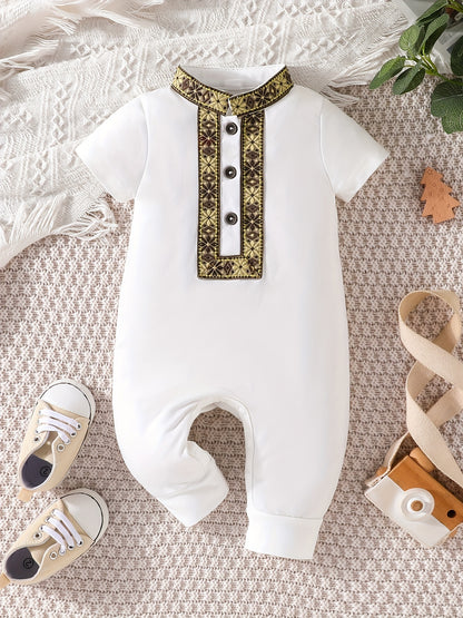 Eid Al-Adha Eid Al-Adha Baby Boy's Short Sleeve Casual Jumpsuit, Lapel Button Up Classic Floral Printed Bodysuit, Eid Al-Adha