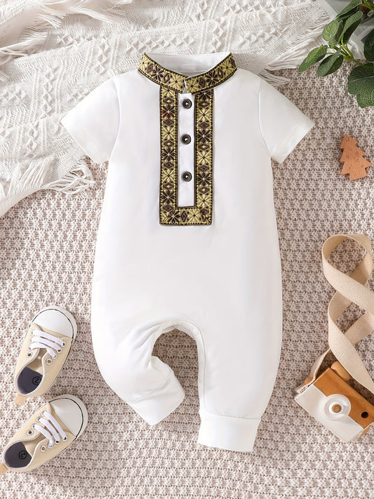 Eid Al-Adha Eid Al-Adha Baby Boy's Short Sleeve Casual Jumpsuit, Lapel Button Up Classic Floral Printed Bodysuit, Eid Al-Adha