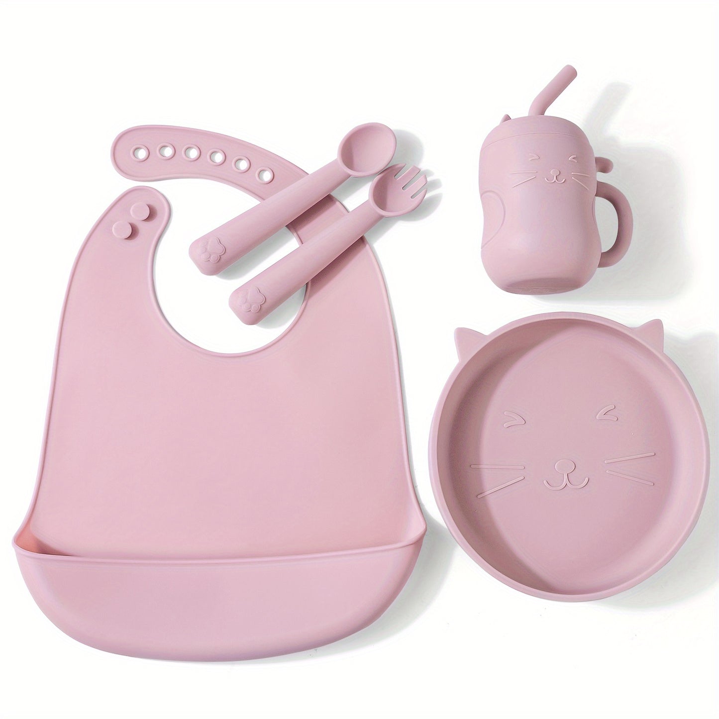 TYRY.HU Baby Feeding Set Silicone Feeding Set Shallow Tray Kitten Design Baby Silicone Tableware, Toddler Eating Utensils, With Suction Cup, Shallow Tray Bib Soft Spoon Fork Cup, Tough Tableware Set, Edible Grade Silicone, Sa