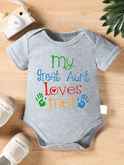 My Great Aunt Loves Me" Letter Print Newborn Baby Romper with Short Sleeves and Cute Onesie for Kids, Perfect for Outdoor