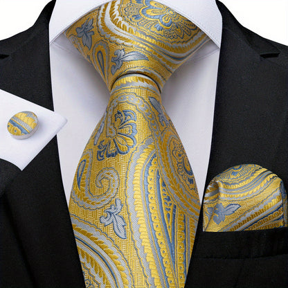 Classic Striped Tie Set For Men Blue Yellow Ties Trendy Woven Necktie Hanky Cufflinks Set Business Tie, Ideal choice for Gifts