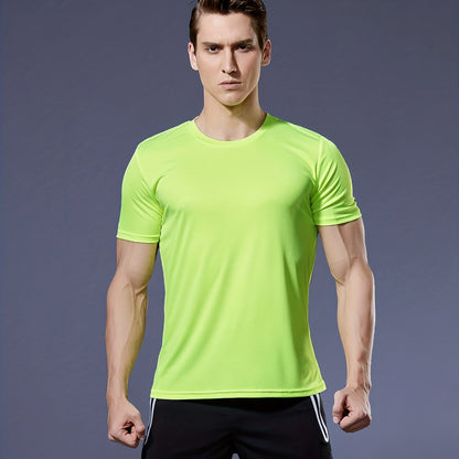 Men's Quick-Dry Athletic T-Shirt - Neon Green Workout Shirt, Lightweight Moisture-Wicking Gym Tee for Running, Training, Boxing, Cycling - Breathable Athletic Top with Round Neck, Gym Shirt, Sports Apparel, Sleek Design, Elas