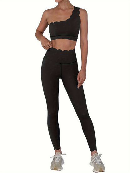 Women's 2 Piece Set Solid Color Sports Casual Suit, One Shoulder Tube Top And High Waist Skinny Leggings, Women's Sportswear