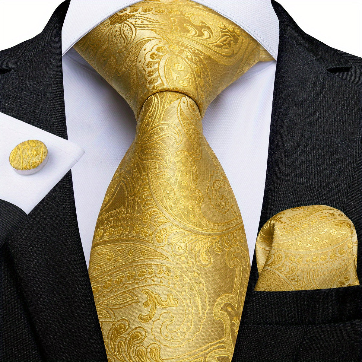 Classic Striped Tie Set For Men Blue Yellow Ties Trendy Woven Necktie Hanky Cufflinks Set Business Tie, Ideal choice for Gifts