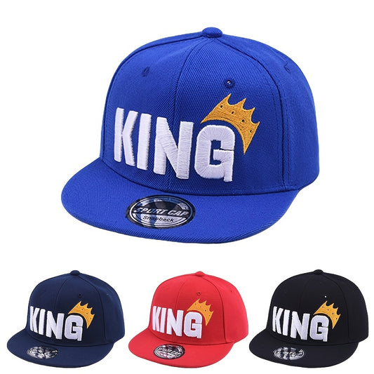 Youngsters' Hip Hop Snapback Caps - "KING" Embroidered with Crown Design, Breathable & Adjustable, Sun-Protective Baseball Hats for Boys & Girls, Perfect for Spring & Summer Outdoor Fun, Hip Hop Hat