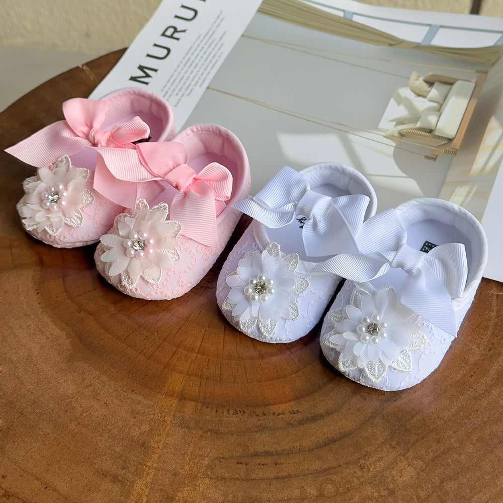 Baby Girls Mary Jane Flat Shoes With Flower Decor Soft Comfy Crib Shoes First Walker Shoes For Newborn Infant, Spring And Summer