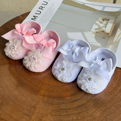 Baby Girls Mary Jane Flat Shoes With Flower Decor Soft Comfy Crib Shoes First Walker Shoes For Newborn Infant, Spring And Summer