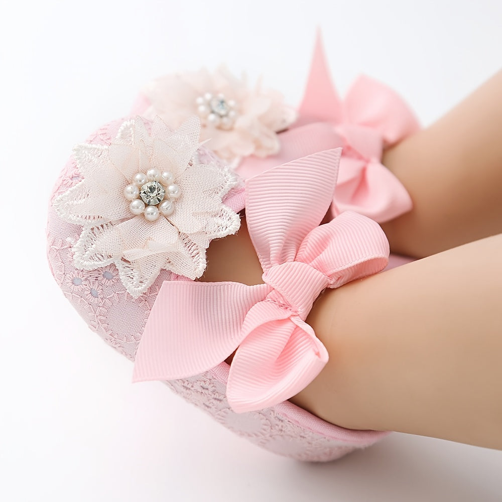 Baby Girls Mary Jane Flat Shoes With Flower Decor Soft Comfy Crib Shoes First Walker Shoes For Newborn Infant, Spring And Summer