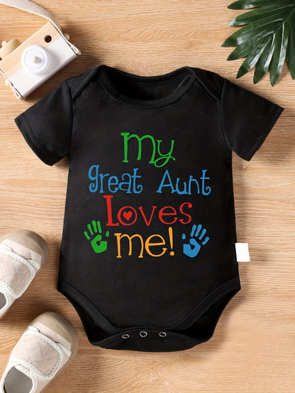 My Great Aunt Loves Me" Letter Print Newborn Baby Romper with Short Sleeves and Cute Onesie for Kids, Perfect for Outdoor