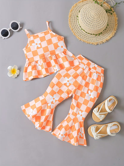 2pcs Adorable Baby Girls Floral Plaid Cami Tops & Flare Pants Set - Soft Medium Stretch Fabric, Ruffle Details, Sleeveless, Casual Style - Perfect for Spring/Summer Season