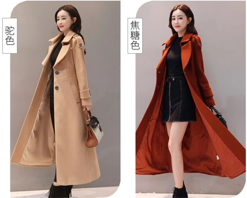 Women's Long Woolen Coat  2023 Spring Autumn New Korean Waist  Slimming Over-Knee Thick Keep Warm Woolen Coat Lady Overcoat W2