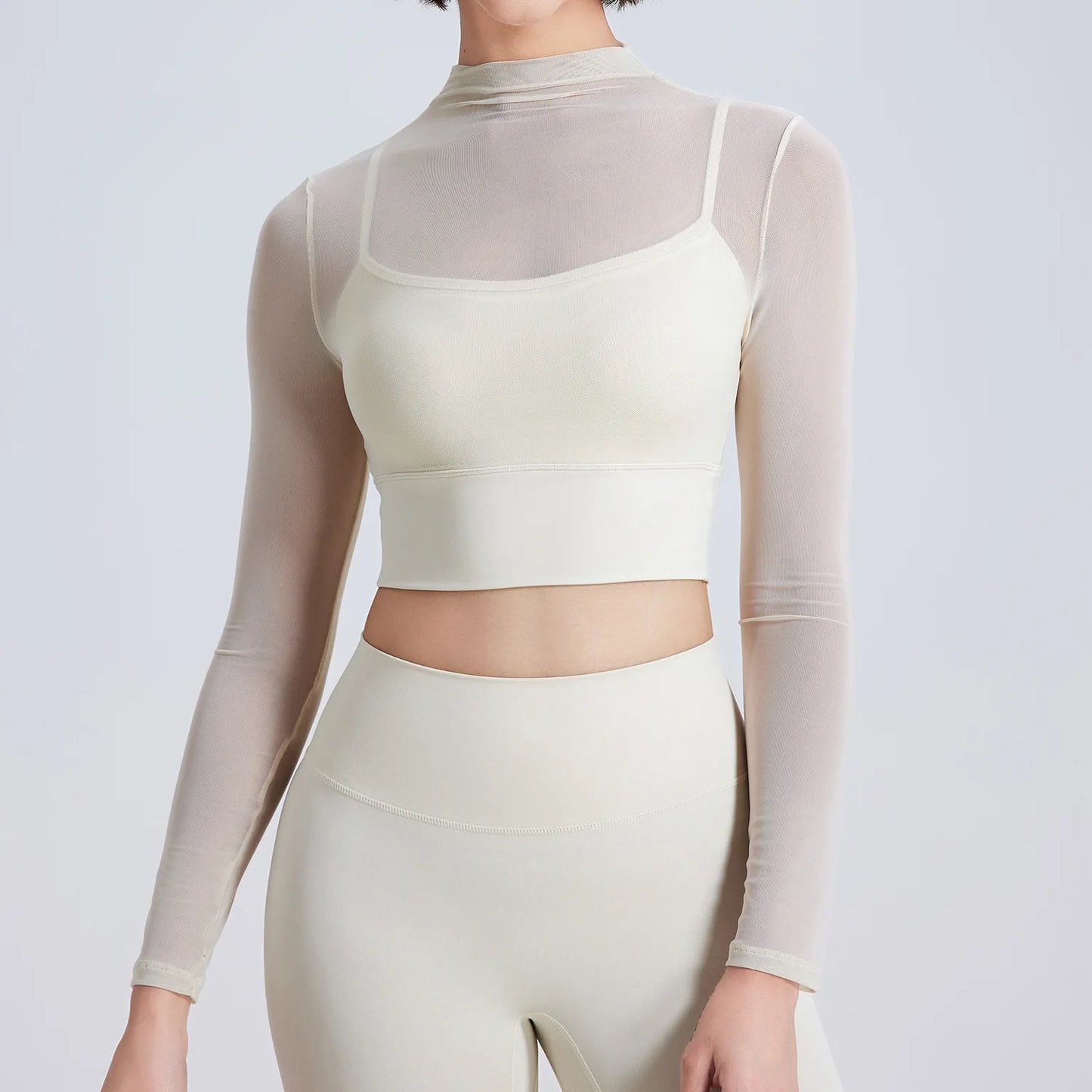 Hot Sale Sexy Tulle 2 in 1 High Neck Long Sleeve Quick Drying Crop Top Yoga Sportswear Padded Mesh Crop Shirts for Women
