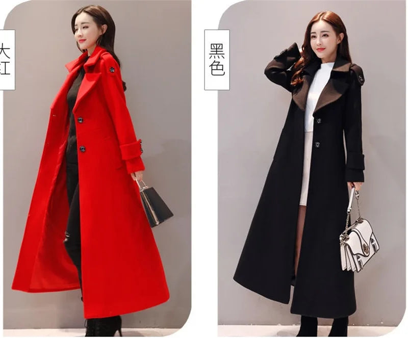 Women's Long Woolen Coat  2023 Spring Autumn New Korean Waist  Slimming Over-Knee Thick Keep Warm Woolen Coat Lady Overcoat W2