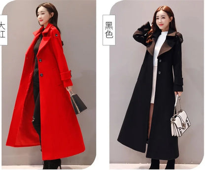 Women's Long Woolen Coat  2023 Spring Autumn New Korean Waist  Slimming Over-Knee Thick Keep Warm Woolen Coat Lady Overcoat W2