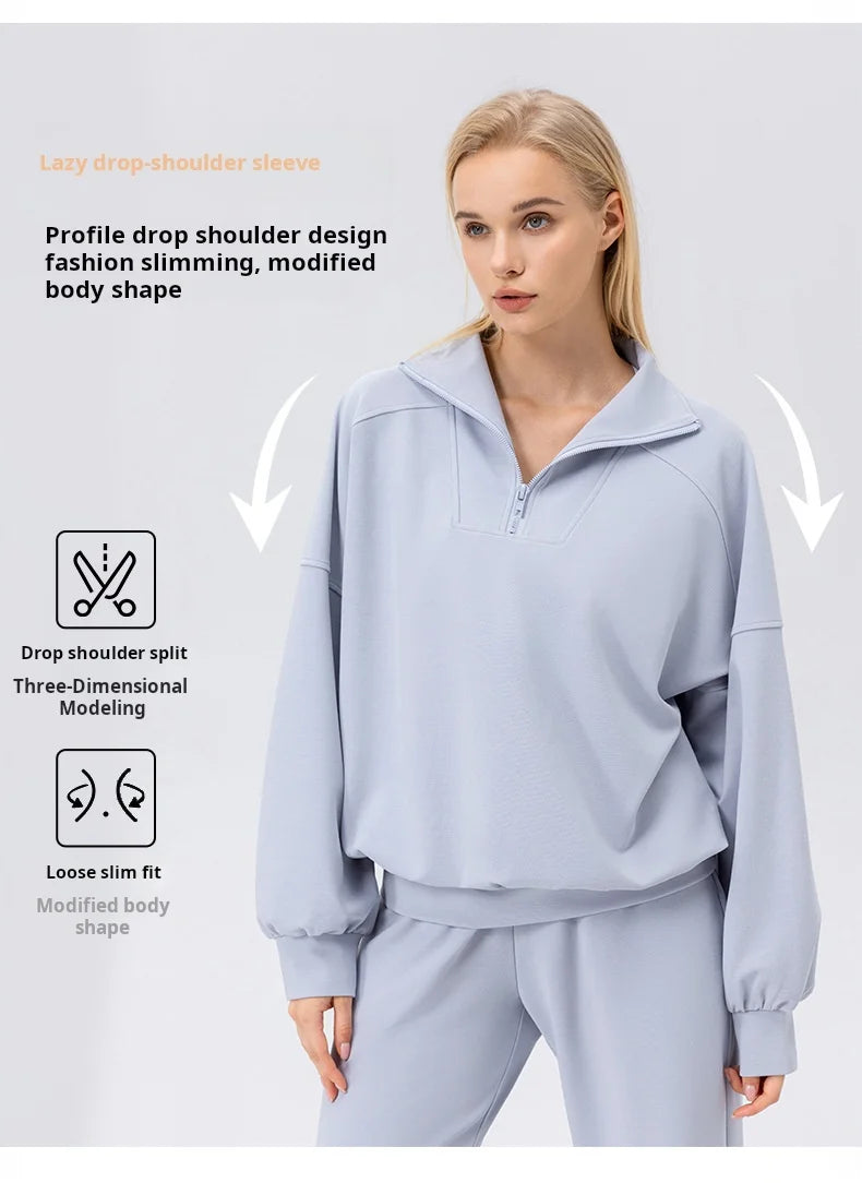 Autumn and Winter New Exercise Sweatshirt Women's Half Long-sleeve Zipper Loose Outdoor Casual Running Sportswear