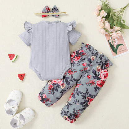 Catpapa Local Warehouse Autumn Fashion Girl Kids Clothing Sets Short Sleeve Ruffled Rompers With Floral Pants 3pcs Baby Suit