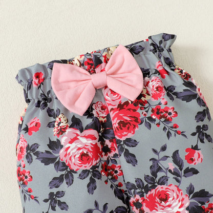 Catpapa Local Warehouse Autumn Fashion Girl Kids Clothing Sets Short Sleeve Ruffled Rompers With Floral Pants 3pcs Baby Suit