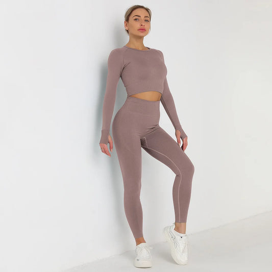 Custom Logo Seamless Sportswear Set for Women Crop O-neck Long-sleeved T-shirts Hip Lifting High Waist Leggings Yoga Running Set