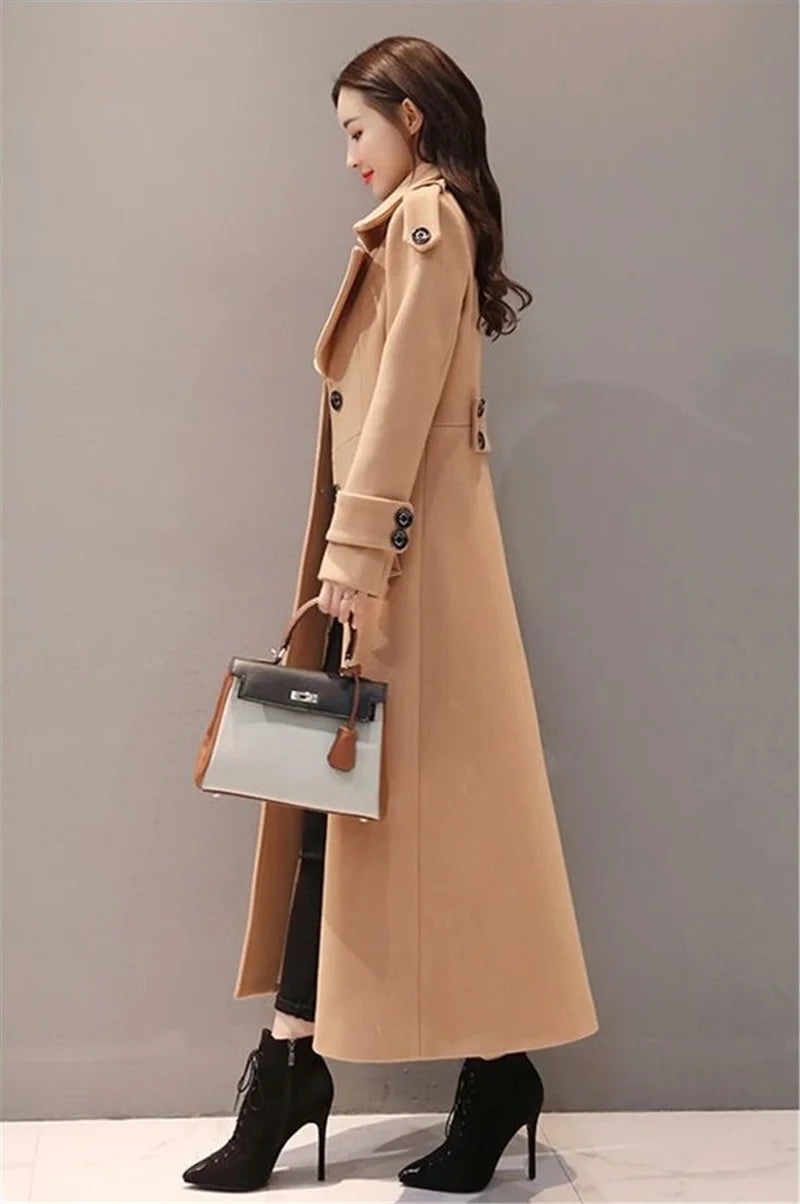 Women's Long Woolen Coat  2023 Spring Autumn New Korean Waist  Slimming Over-Knee Thick Keep Warm Woolen Coat Lady Overcoat W2