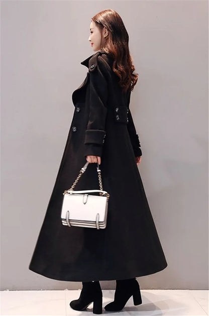 Women's Long Woolen Coat  2023 Spring Autumn New Korean Waist  Slimming Over-Knee Thick Keep Warm Woolen Coat Lady Overcoat W2