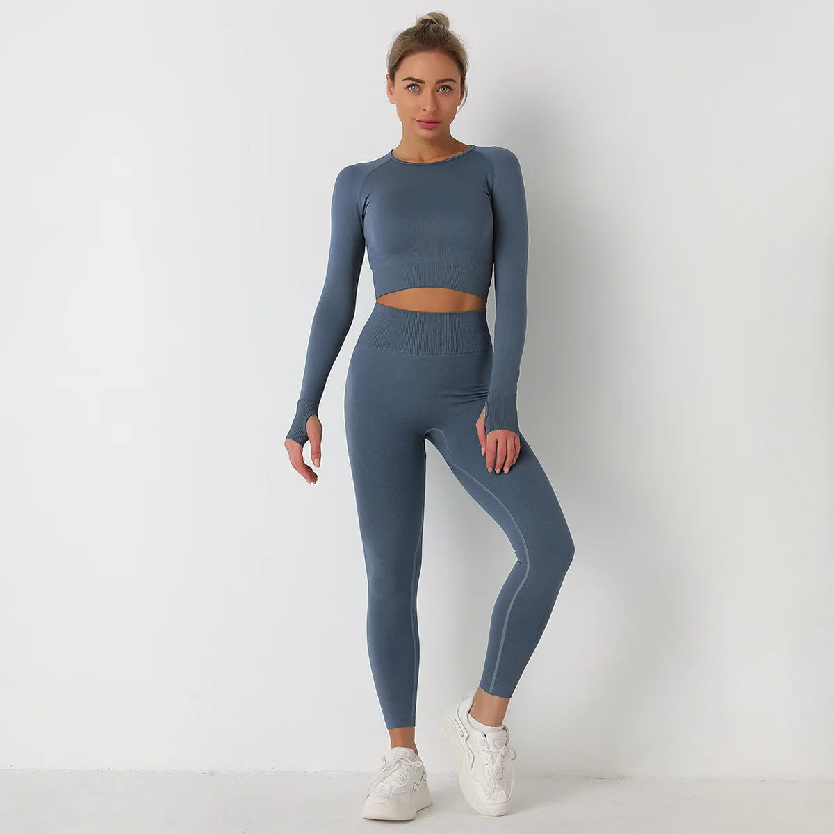 Custom Logo Seamless Sportswear Set for Women Crop O-neck Long-sleeved T-shirts Hip Lifting High Waist Leggings Yoga Running Set