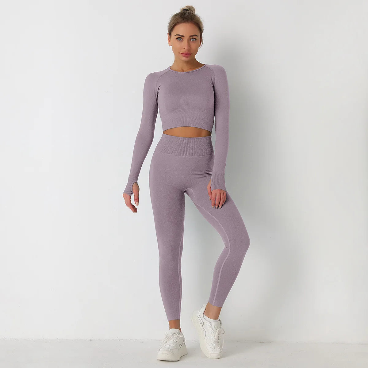 Custom Logo Seamless Sportswear Set for Women Crop O-neck Long-sleeved T-shirts Hip Lifting High Waist Leggings Yoga Running Set