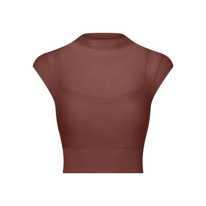 New Design Women's Sexy Mesh Panel 2 in 1 High Neck Sleeveless Quick Dry Crop Top Fitness Tennis Yoga Sportswear Crop Top