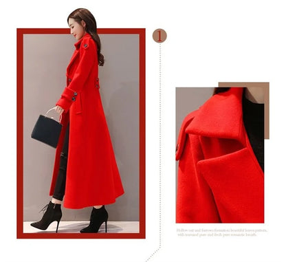 Women's Long Woolen Coat  2023 Spring Autumn New Korean Waist  Slimming Over-Knee Thick Keep Warm Woolen Coat Lady Overcoat W2