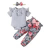 Catpapa Local Warehouse Autumn Fashion Girl Kids Clothing Sets Short Sleeve Ruffled Rompers With Floral Pants 3pcs Baby Suit
