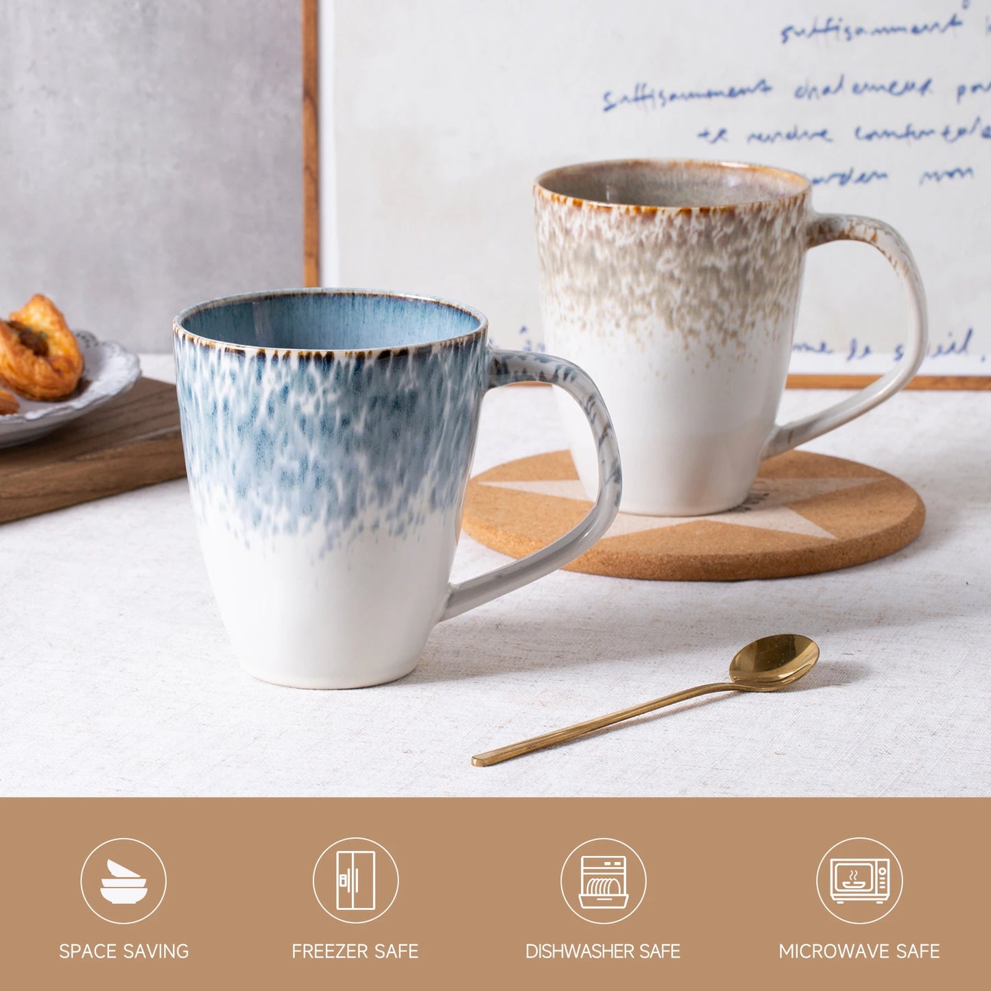 Set of 2 Stoneware Coffee Mugs Set Unique Glazed Ceramic Mugs with Handle for Coffee Tea Milk Cereal