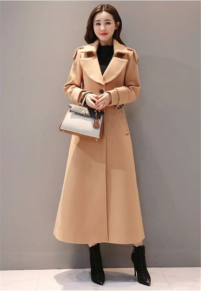Women's Long Woolen Coat  2023 Spring Autumn New Korean Waist  Slimming Over-Knee Thick Keep Warm Woolen Coat Lady Overcoat W2