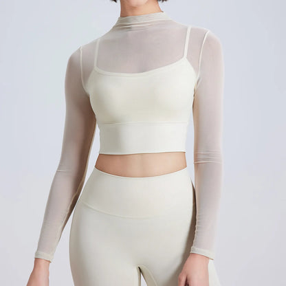 Hot Sale Sexy Tulle 2 in 1 High Neck Long Sleeve Quick Drying Crop Top Yoga Sportswear Padded Mesh Crop Shirts for Women