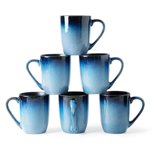 14 OZ Coffee Mugs Set of 6 Modern Large Ceramic Coffee Mugs Set with Handle for Tea Latte Milk Cocoa Ice-snow Blue