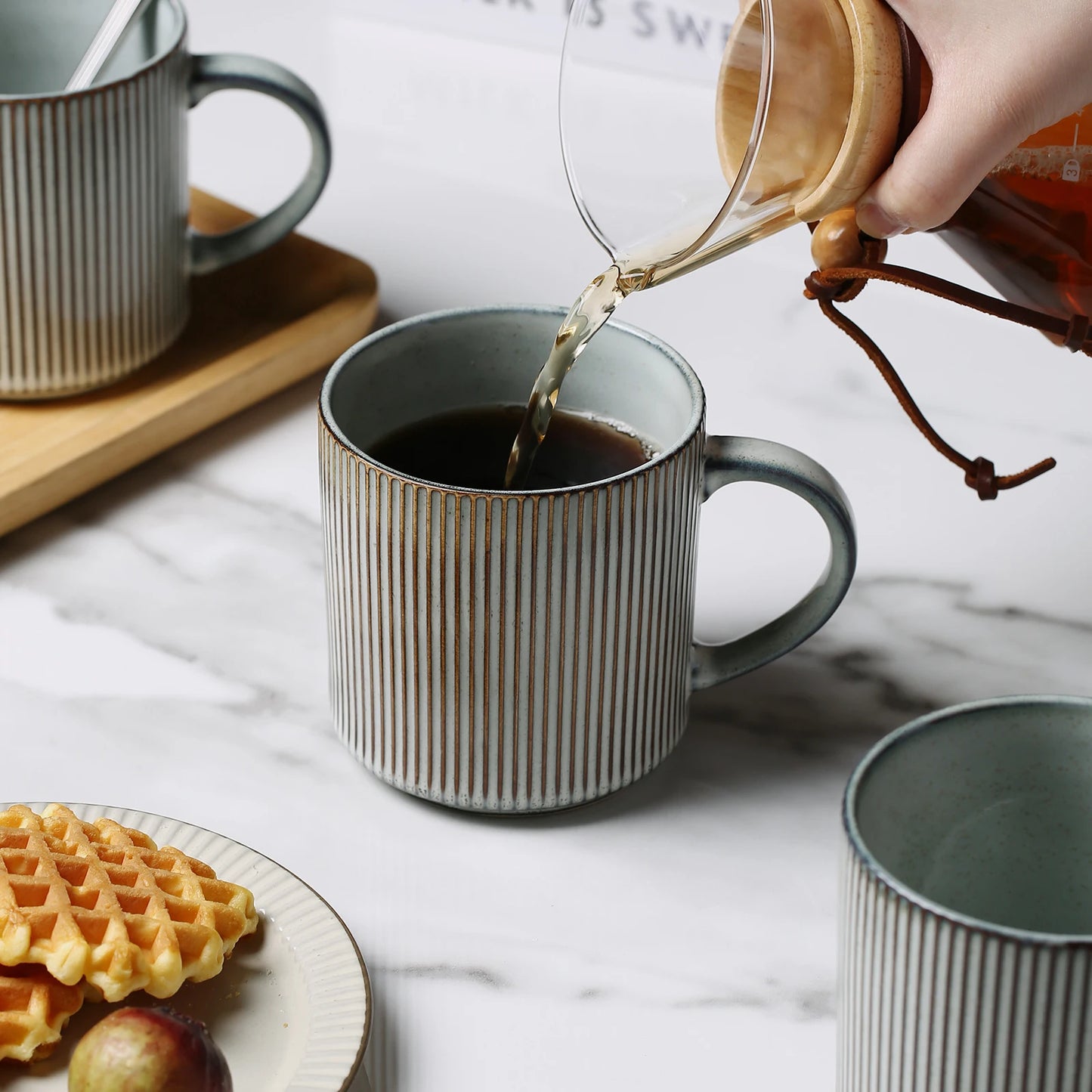 16Oz Ceramic Coffee Mugs Set of 4 Rustic Stoneware Coffee Cups Set with Large Handle for Latte Cocoa Tea Milk Smoky Blue
