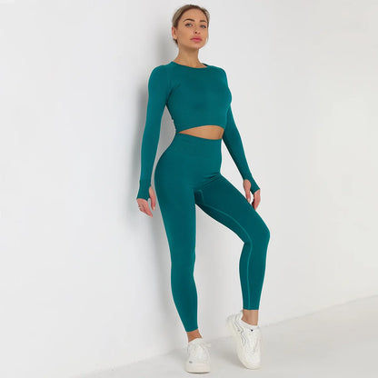 Custom Logo Seamless Sportswear Set for Women Crop O-neck Long-sleeved T-shirts Hip Lifting High Waist Leggings Yoga Running Set