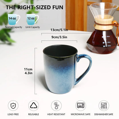 14 OZ Coffee Mugs Set of 6 Modern Large Ceramic Coffee Mugs Set with Handle for Tea Latte Milk Cocoa Ice-snow Blue
