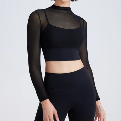 Hot Sale Sexy Tulle 2 in 1 High Neck Long Sleeve Quick Drying Crop Top Yoga Sportswear Padded Mesh Crop Shirts for Women