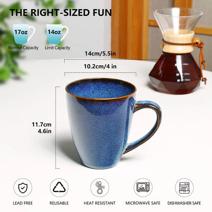 Coffee Mugs Set of 6, 17 OZ Large Ceramic Blue Coffee Mugs Set with Handle for Tea Latte Milk Cocoa Cappuccino (Starry Blue)
