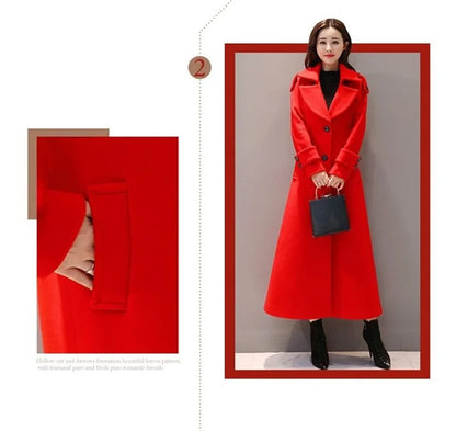 Women's Long Woolen Coat  2023 Spring Autumn New Korean Waist  Slimming Over-Knee Thick Keep Warm Woolen Coat Lady Overcoat W2