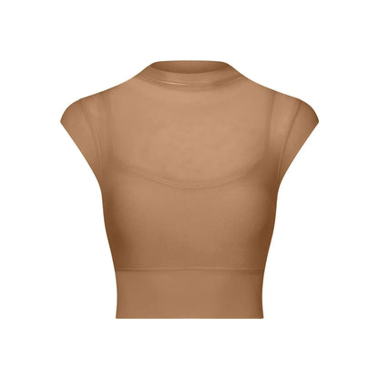 New Design Women's Sexy Mesh Panel 2 in 1 High Neck Sleeveless Quick Dry Crop Top Fitness Tennis Yoga Sportswear Crop Top