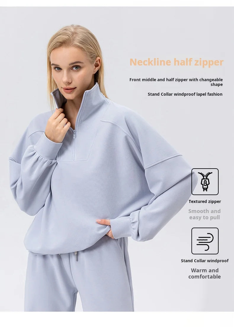 Autumn and Winter New Exercise Sweatshirt Women's Half Long-sleeve Zipper Loose Outdoor Casual Running Sportswear