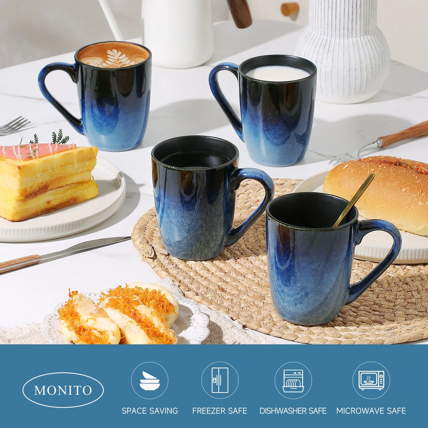 14 OZ Coffee Mugs Set of 6 Modern Large Ceramic Coffee Mugs Set with Handle for Tea Latte Milk Cocoa Ice-snow Blue