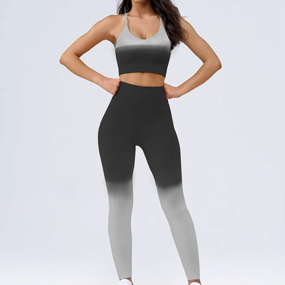 Gradient Breathable Sportswear Suit for Women Y-line Crop Tank Top Deed Neck Sports Bra Scrunch Butt Leggings Set Activewear Set