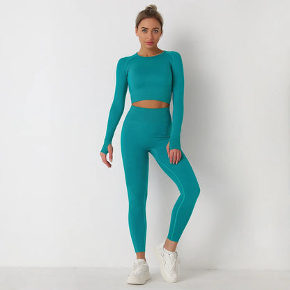 Custom Logo Seamless Sportswear Set for Women Crop O-neck Long-sleeved T-shirts Hip Lifting High Waist Leggings Yoga Running Set