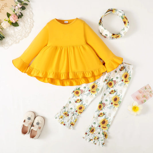 Catpapa Local Warehouse Solid Long Sleeve Top Floral Pants Kids Baby 3pcs Soft Cotton Clothes Spring Fall Girls Clothing Sets
