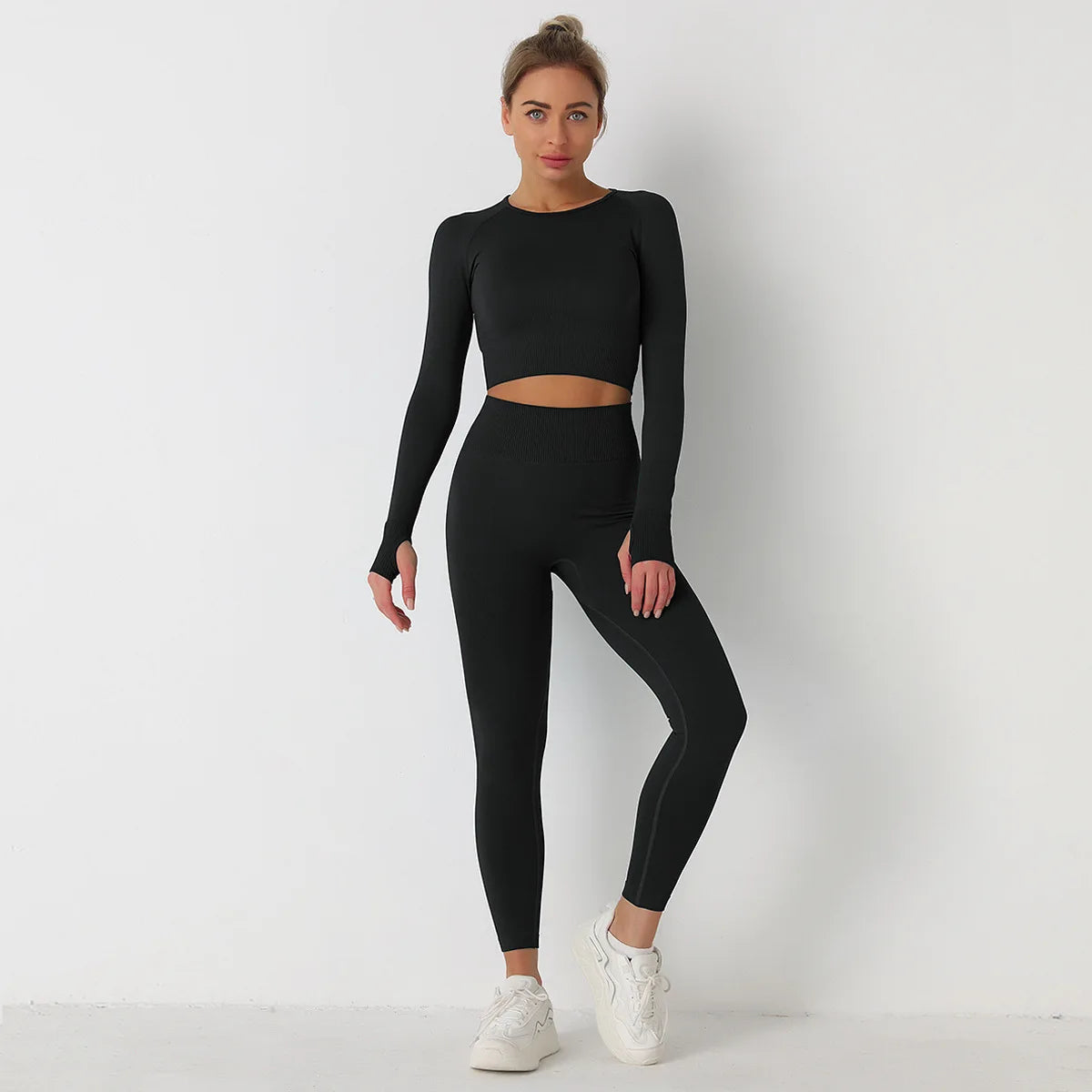 Custom Logo Seamless Sportswear Set for Women Crop O-neck Long-sleeved T-shirts Hip Lifting High Waist Leggings Yoga Running Set