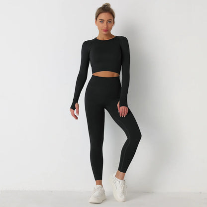 Custom Logo Seamless Sportswear Set for Women Crop O-neck Long-sleeved T-shirts Hip Lifting High Waist Leggings Yoga Running Set